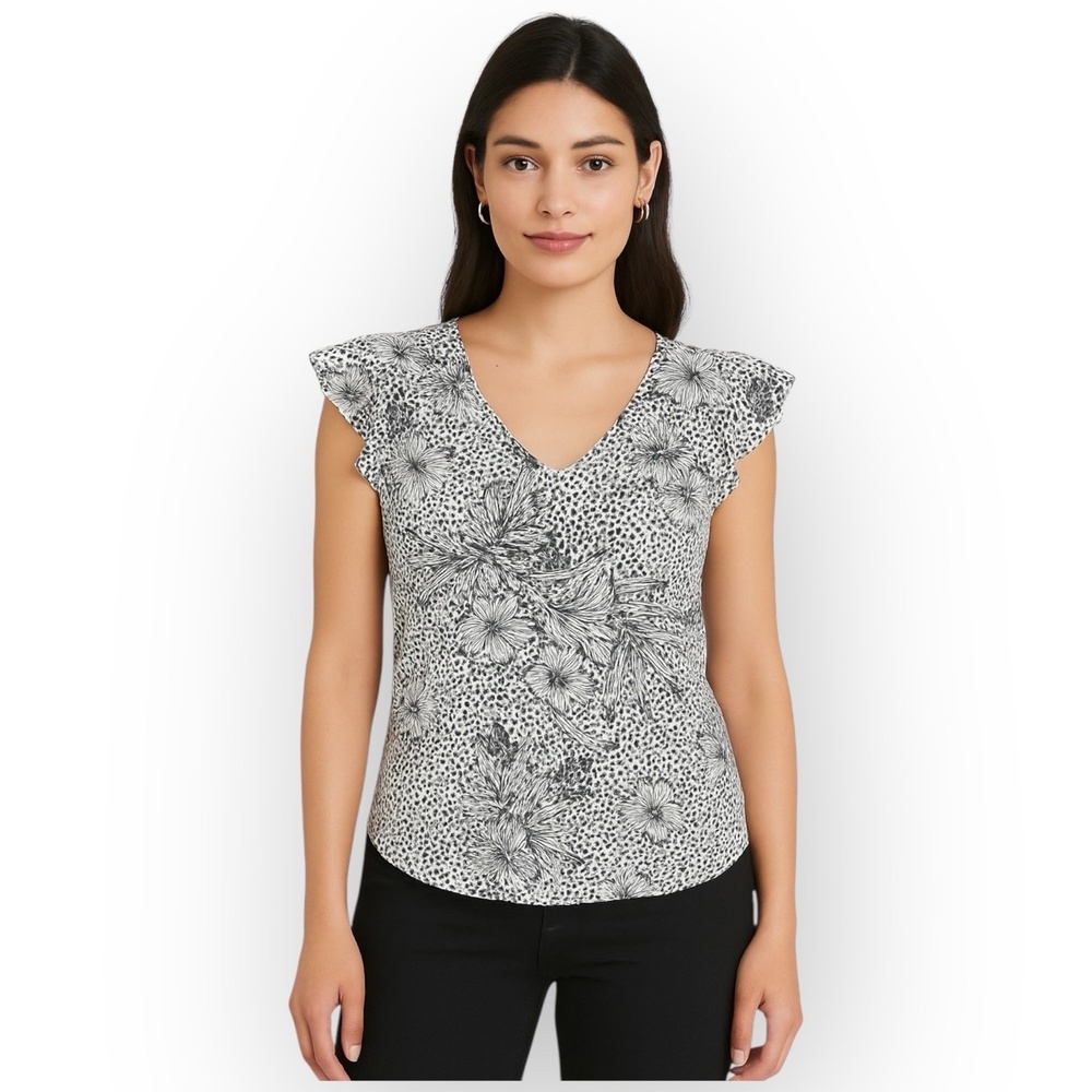 White House Black Market Floral Animal Print Flutter Sleeve V-Neck Top XS 0960